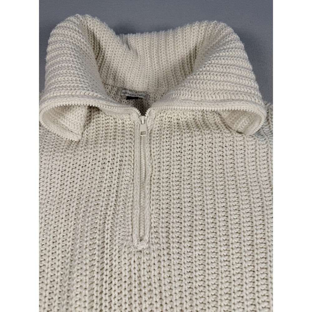 American Eagle Women's Chunky Knit Quarter Zip Pullover Sweater MEDIUM Cream - Picture 2 of 6